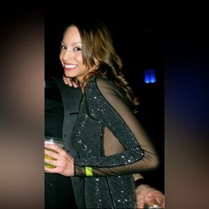 bebe One-Shoulder Body-con Dress with Shimmery Silver Accents & Mesh Cut-Outs